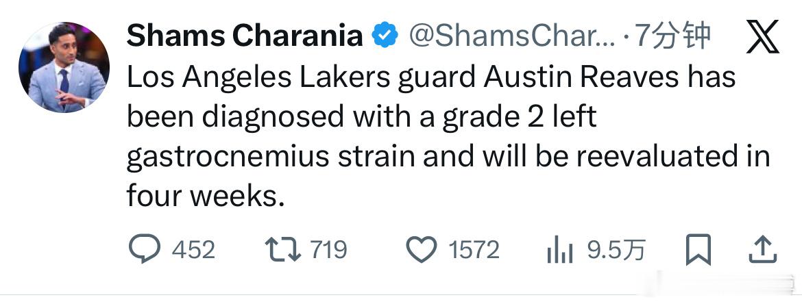 Shams：里夫斯遭遇腓肠肌二级拉伤，将在四周后重新评估。。本赛季至今，里夫斯场