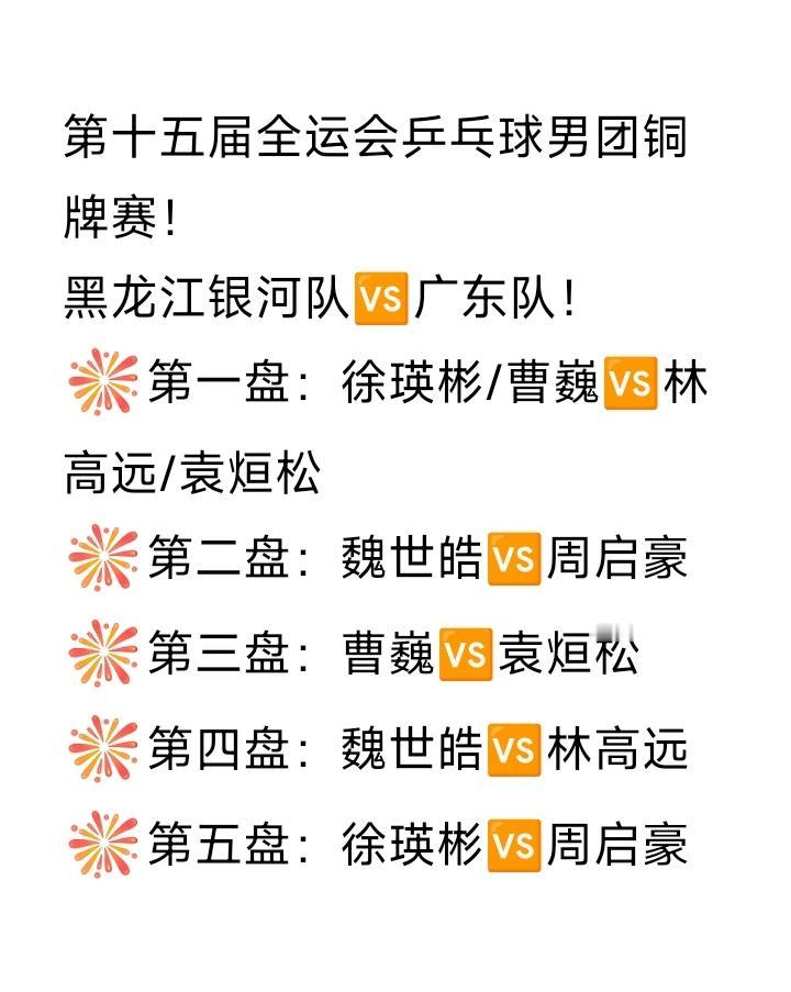 男团铜牌赛阵容发布！
2025年第十五届全运会乒乓球男团铜牌赛，黑龙江队🆚广东