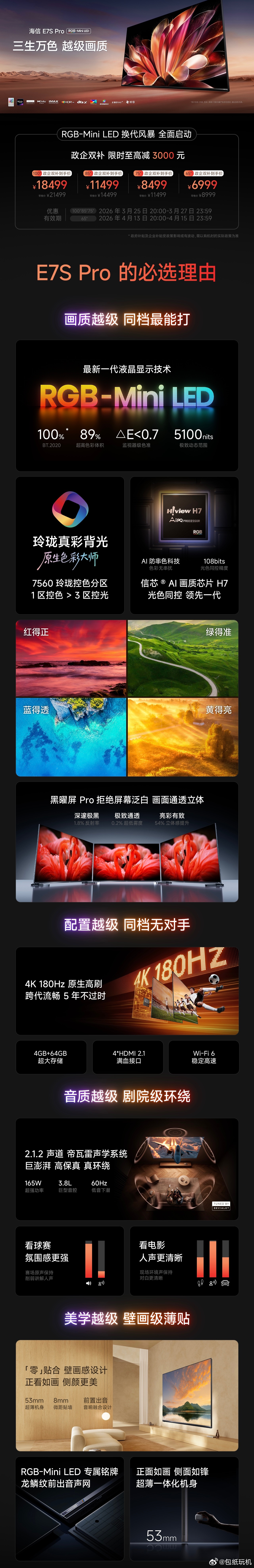 海信 E7S Pro RGB-Mini LED 电视发布，搭载玲珑真彩背光屏，黑