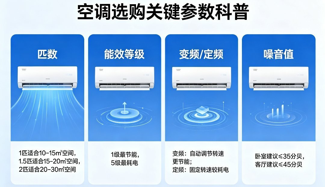 空调选购最该看哪些参数 个人认为主要看几个参数1. 匹数/额定制冷量（最核心）1