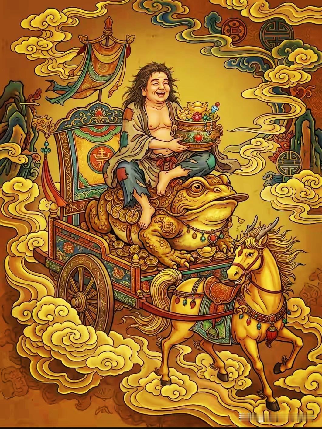 金蟾载宝随云至，
骏马驮财踏福来。