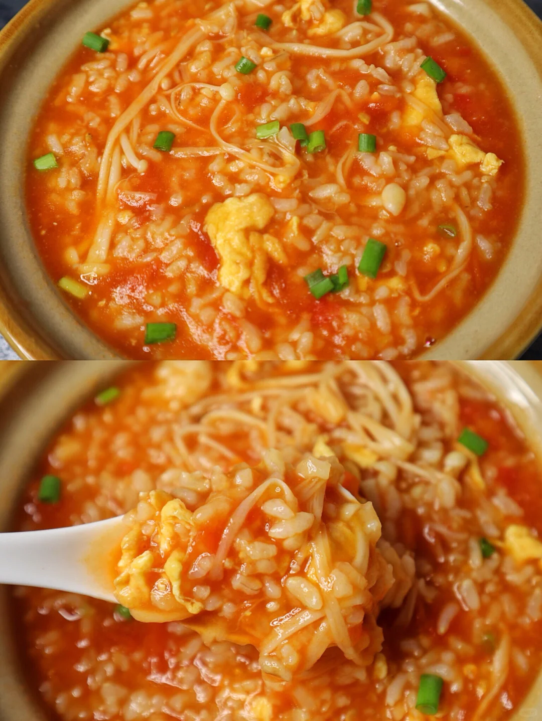 茄汁浓郁的番茄金针菇烫饭😋剩米饭太好吃啦