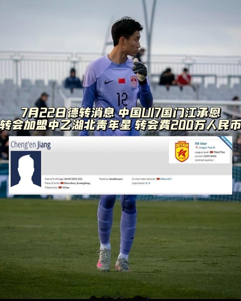 7月22日德国转会市场消息，来自恒大足校的中国U17国门江承恩（2010）转会加