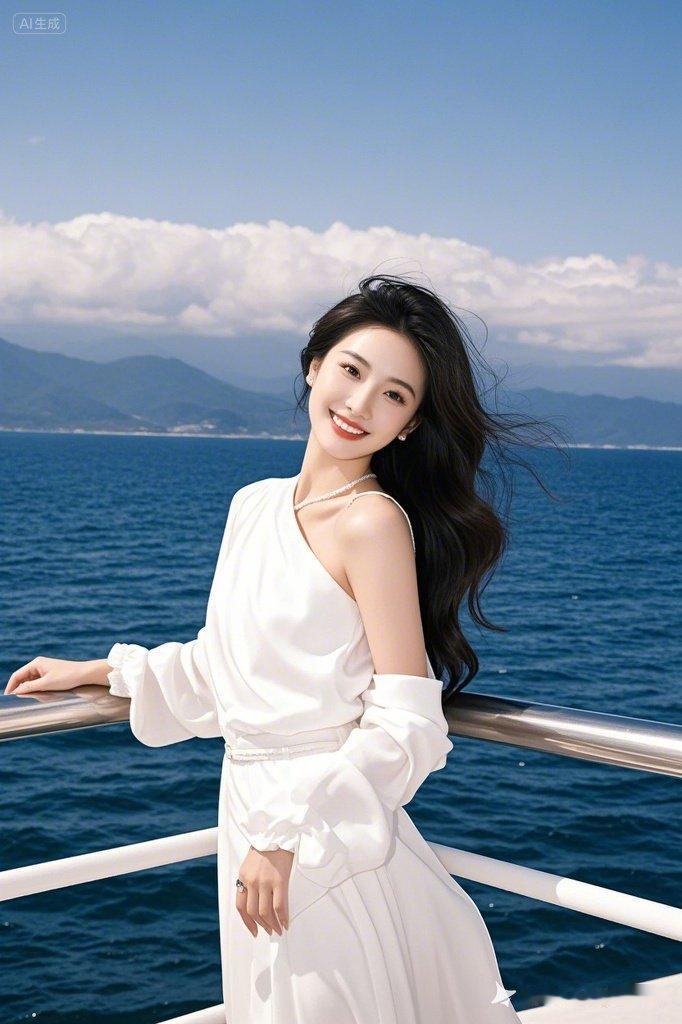 海风轻拂，微笑面对，白色长裙，海天一色。