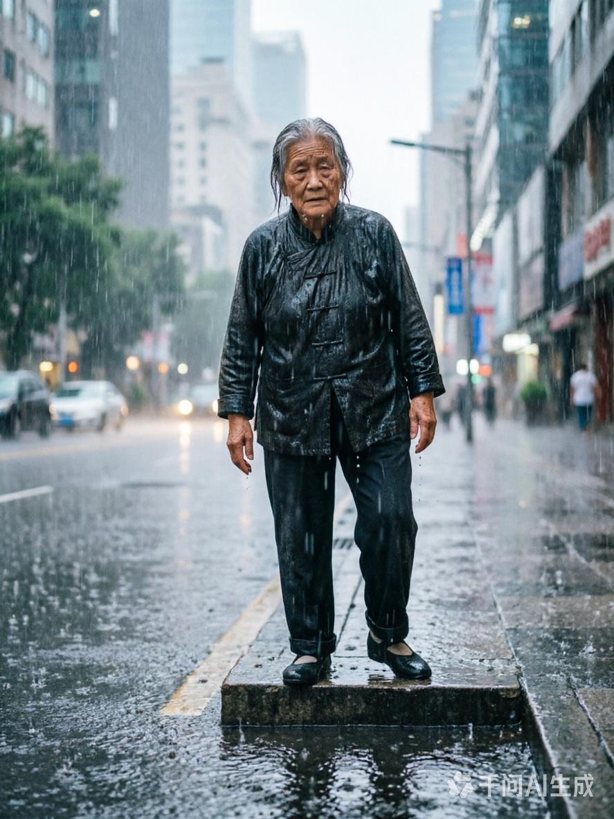 雨劈头盖脸地下，老妇人被淋着，一步……一步往前挪，挪了几下，停在大雨中，她四下看