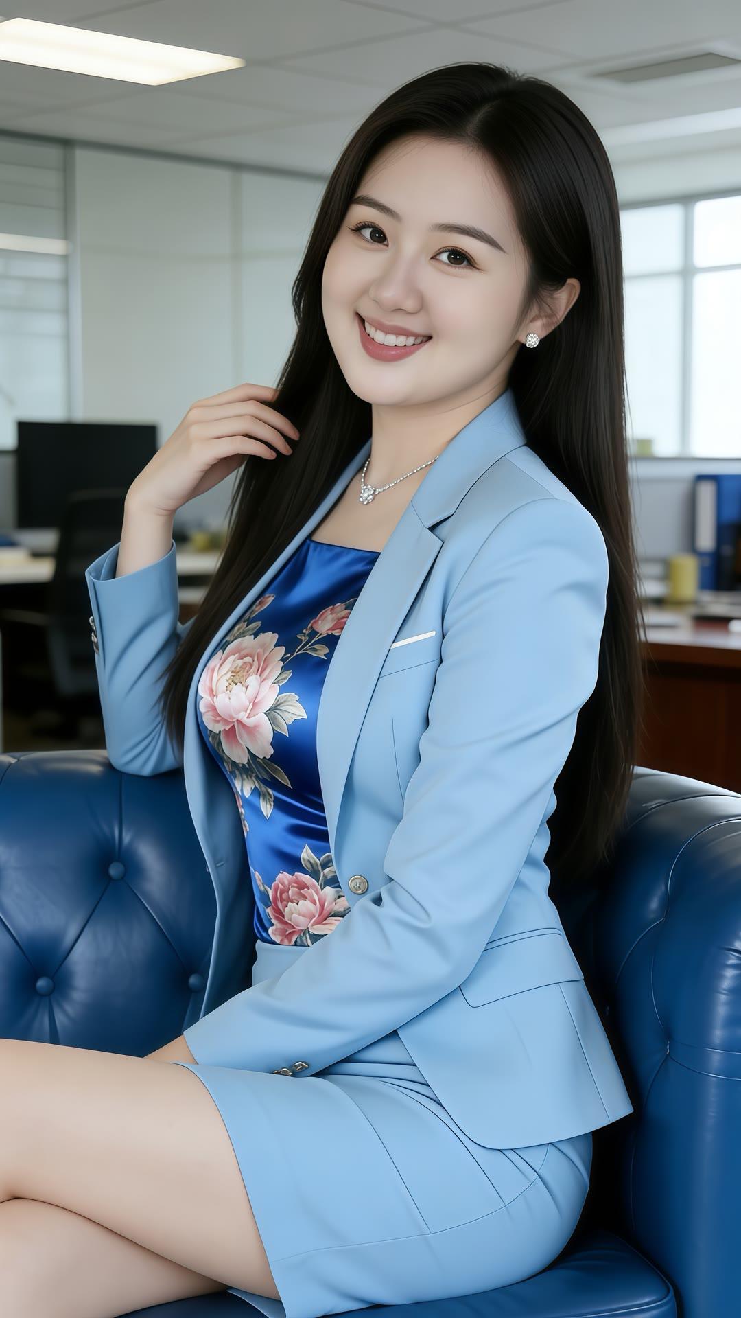 职场女强人，自信满满，蓝色西装搭配花卉连衣裙，优雅迷人！