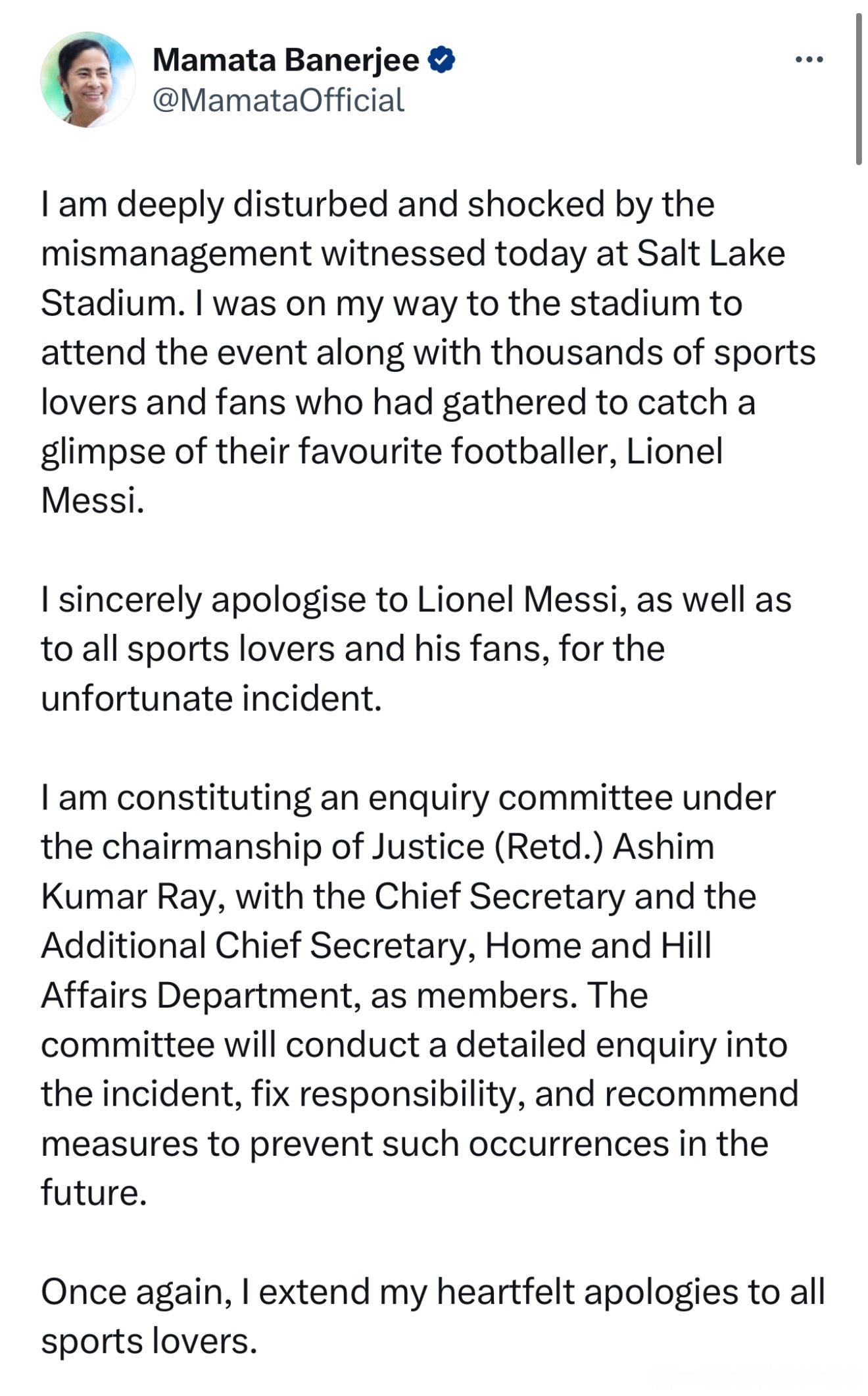 就今日因组织不当引发球迷冲场事件，西孟加拉邦首席部长Mamata Banerje