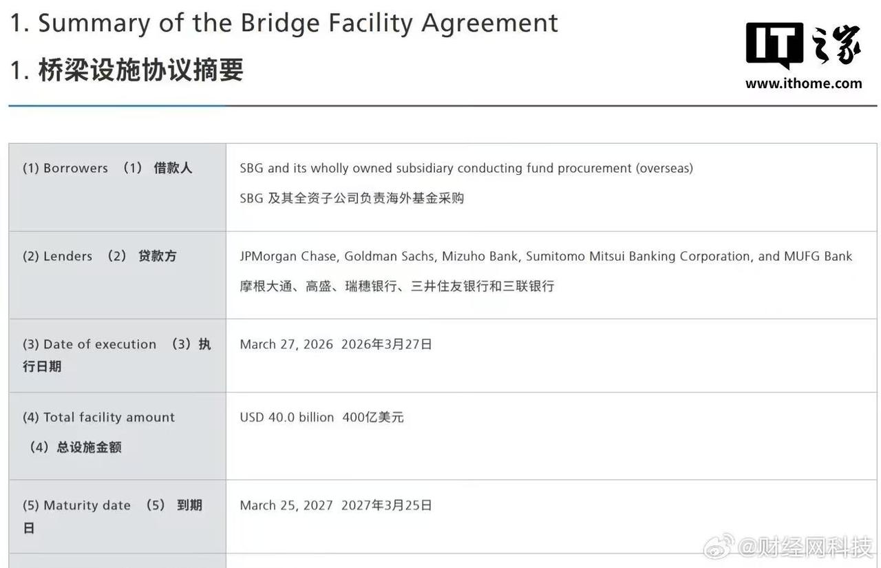 软银宣布已获得一笔400亿美元的无抵押短期贷款。 这笔资金将主要用于履行其对Op