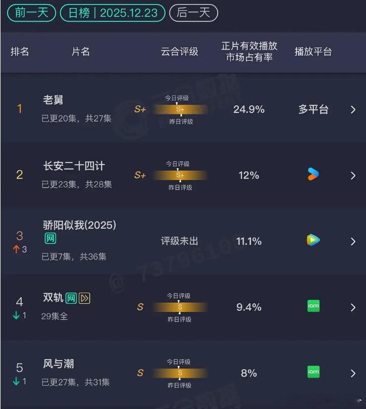 12.23 云合老舅：24.9% 长安二十四计：12% 骄阳似我：11.1% 涨