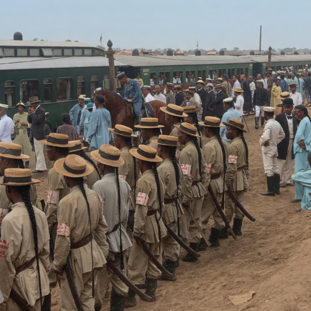 八国联军侵华后，北京，一列身着简易制服、头戴草帽的巡警正列队集结，他们身后是斑驳
