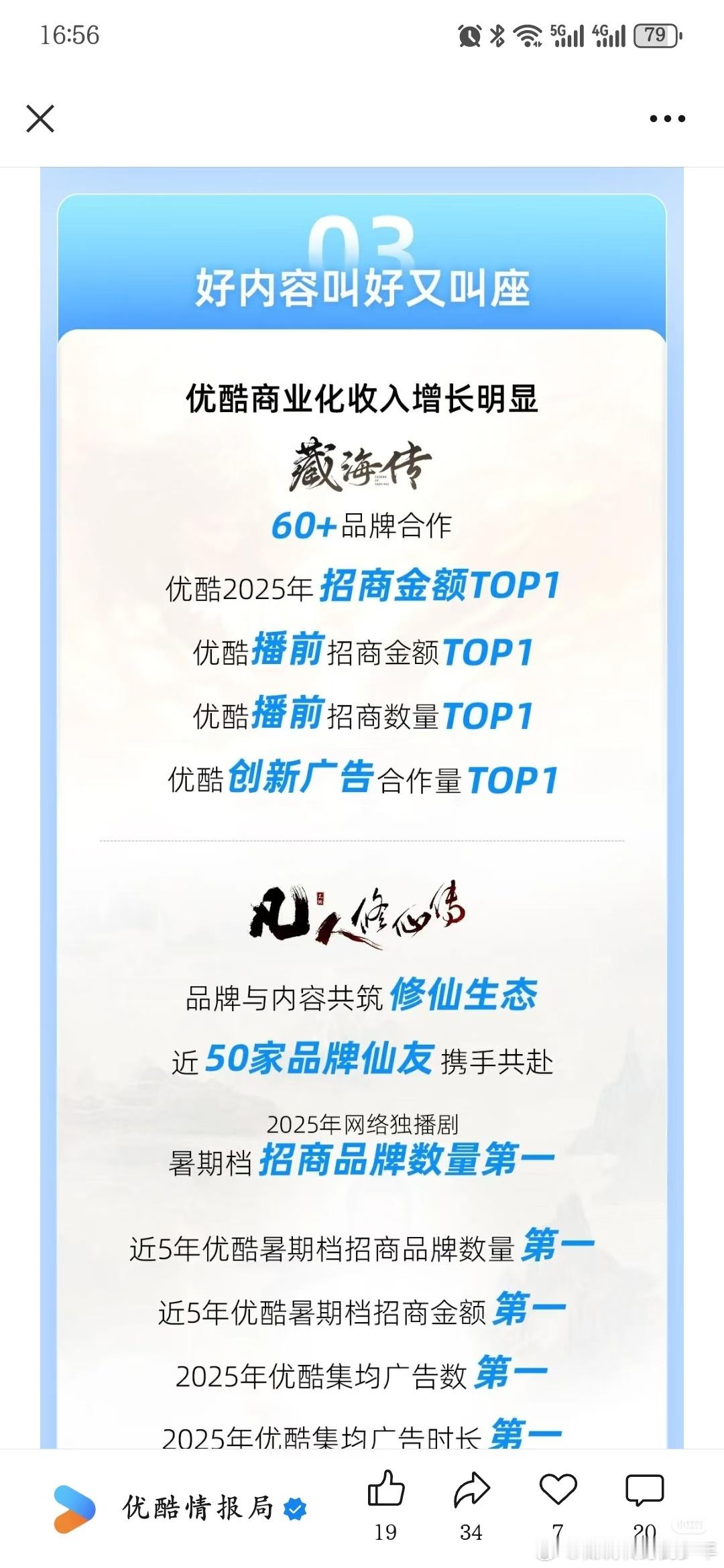 优酷藏海传战报优酷今天发两次！我要超过👖我发三次也就是说藏海传广告时间没那么长