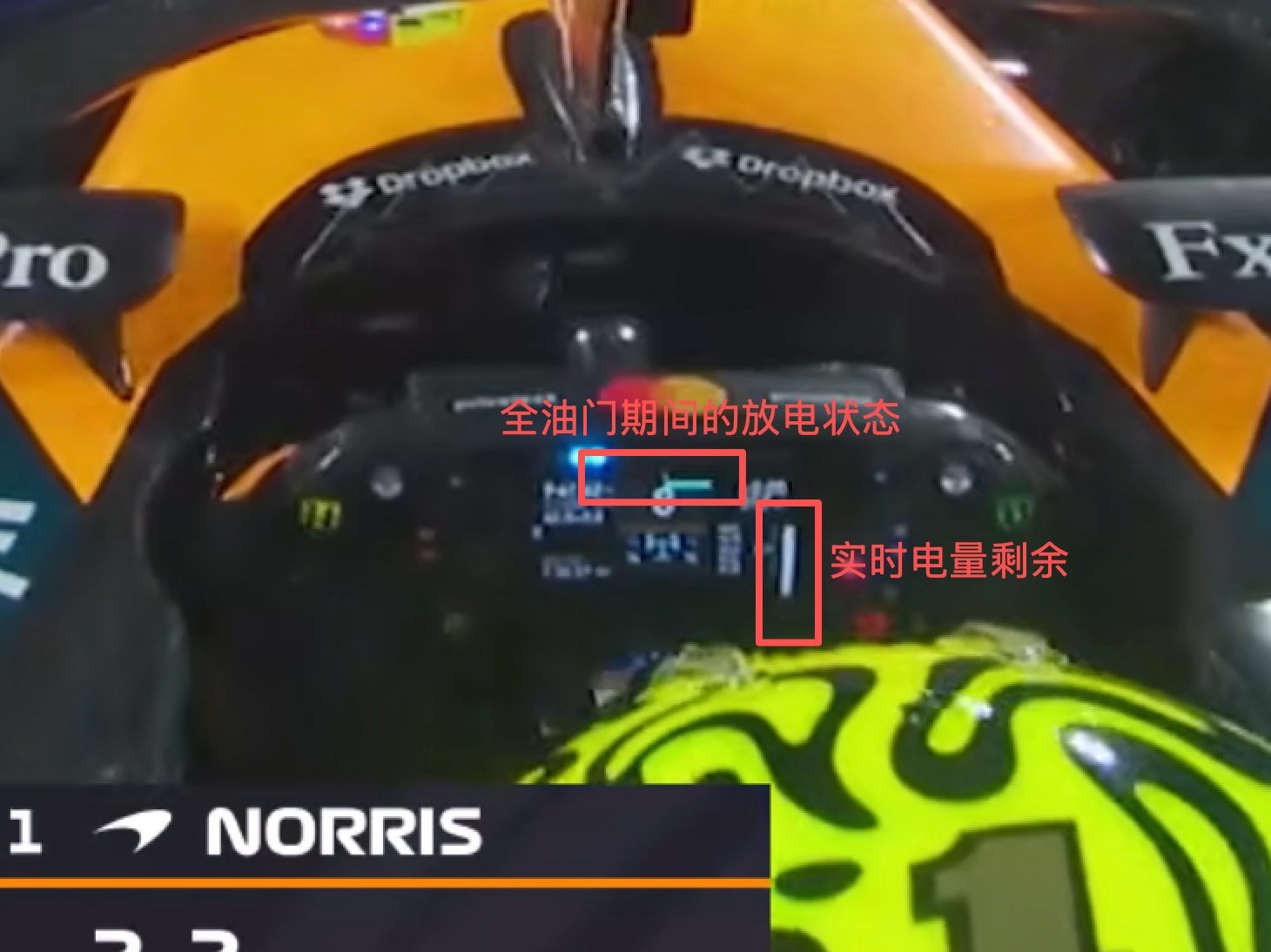 昨天诺里斯的车载，可以看到方向盘上已经增加了充放电状态的实时显示图1：全油门过程