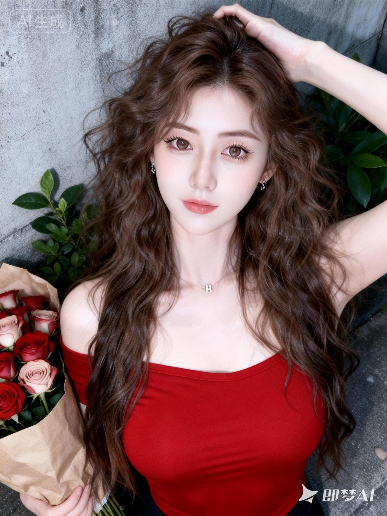 深情，网红妆，肌理真实，清透，咖啡，精致配饰，外翻超大卷长发及腰，头发外翻超大卷