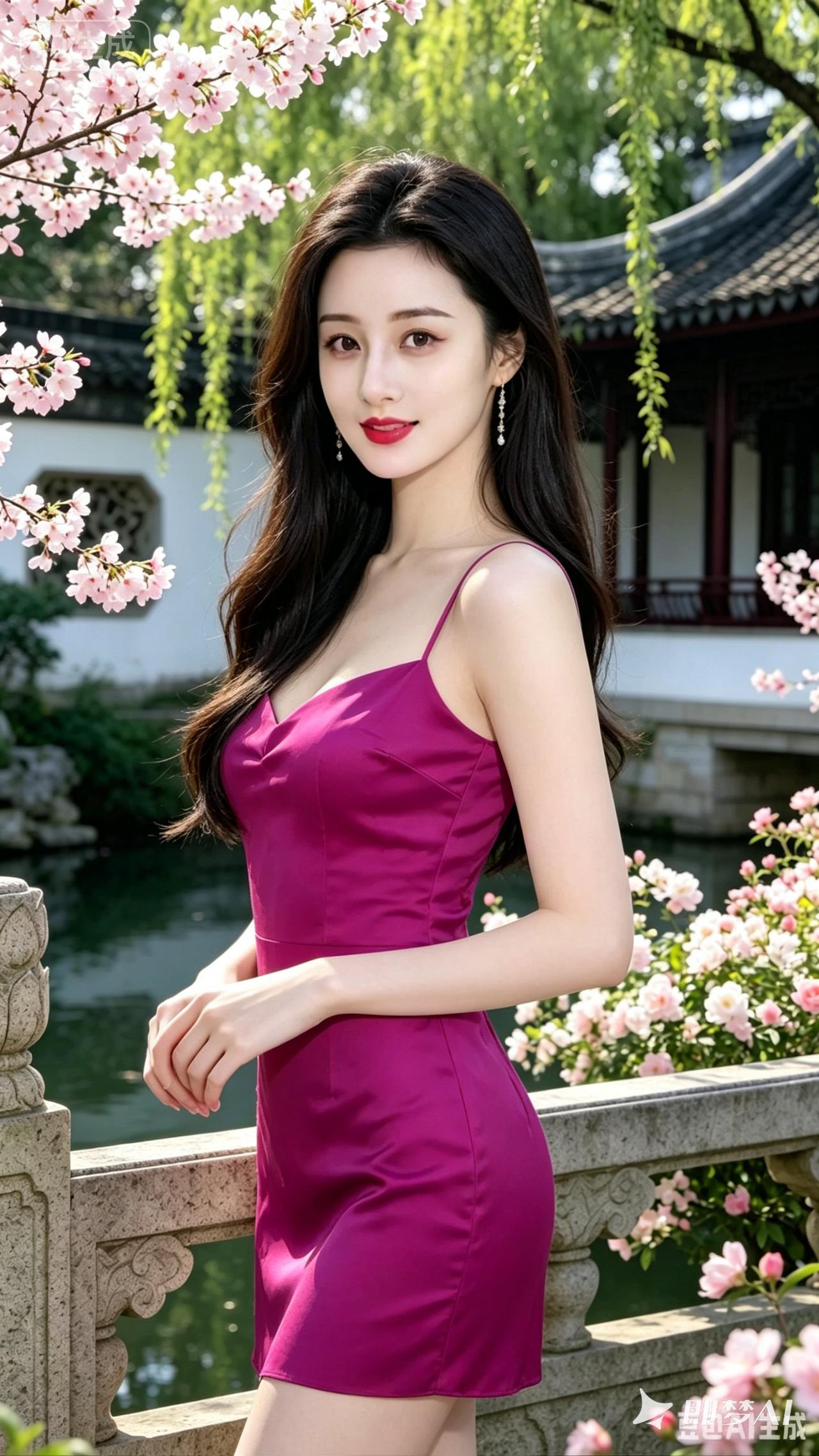 樱花树下，惊艳的紫红色连衣裙，优雅动人。