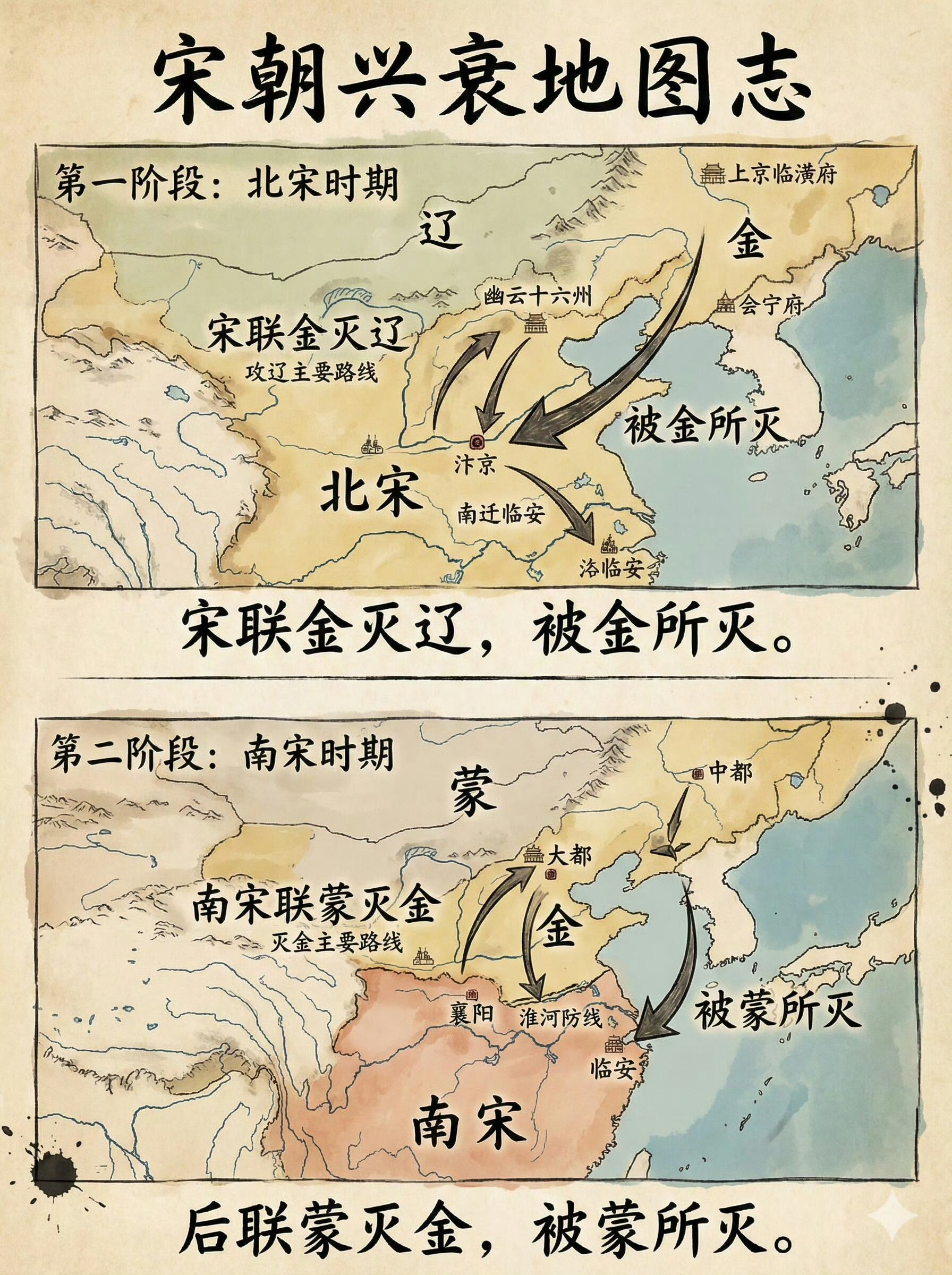 宋联金灭辽，被金所灭，联蒙灭金，被蒙所灭。 