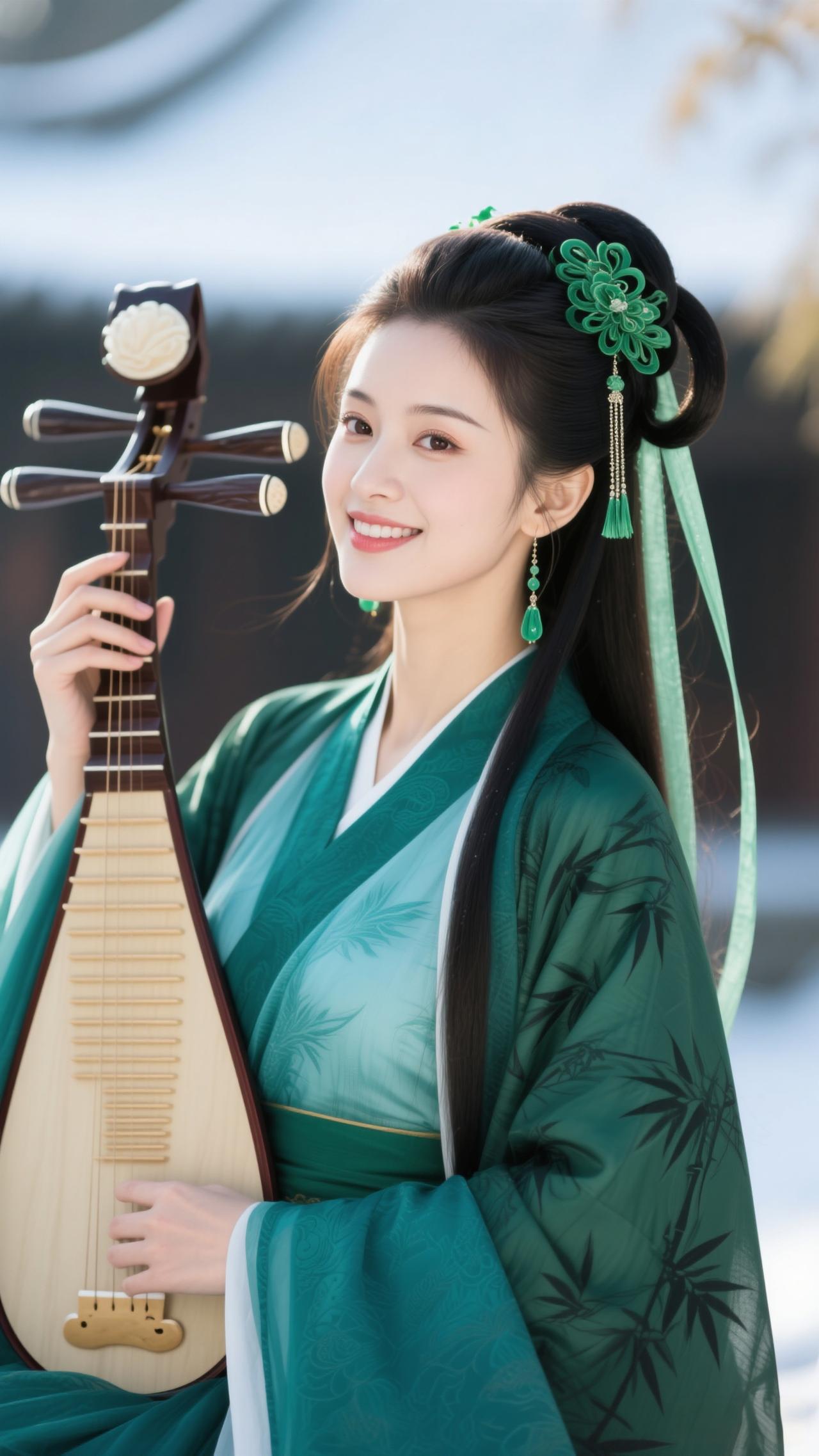 《浣溪沙·绿衫抱琵琶》
 
绿袂裁云缀竹纹，琵琶轻抱立霜晨。
玉簪垂缕拂青襟，雪