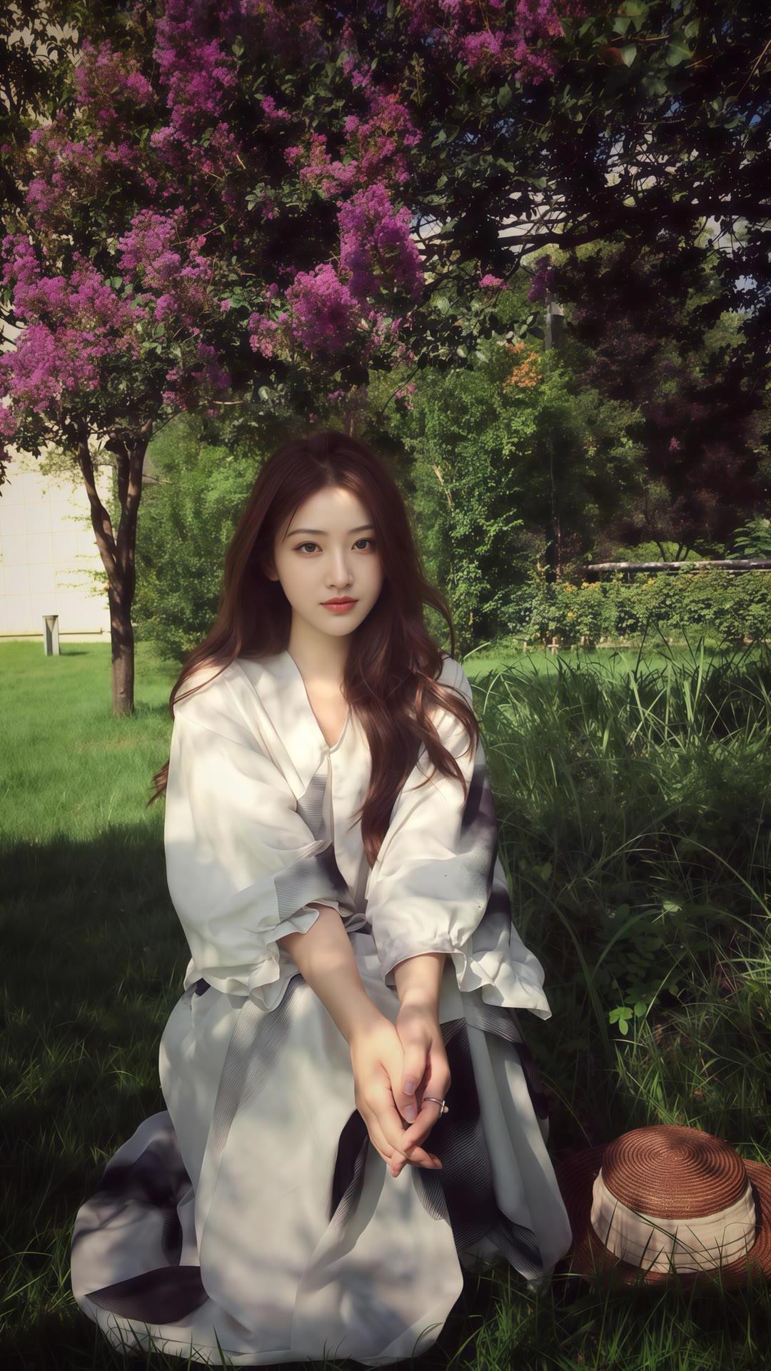 在紫花树下，少女静坐，裙摆随风轻舞，仿佛置身于梦幻的童话世界。
女生怎么穿搭会看