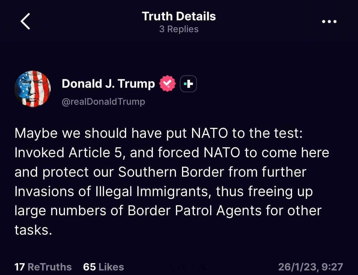 特朗普希望可以援引《北大西洋公约》第五条，让北约派军队来保护美国南部边境“或许我