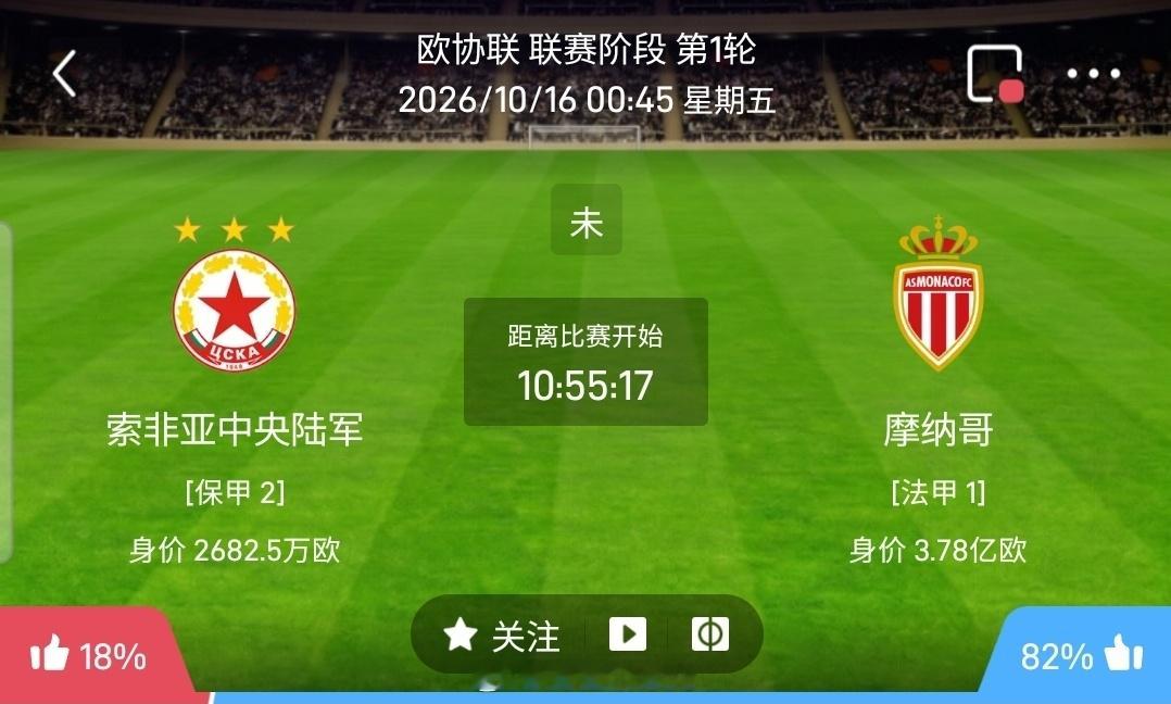 【北单】周四89欧协联方向：索非陆军vs摩纳哥欧协联 索非陆军 VS 摩纳哥比赛