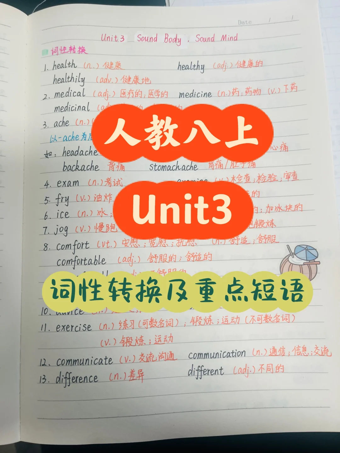 仁爱版八上Unit3词性转换及重点短语