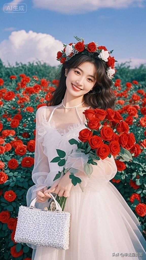 她拿着一束红玫瑰，站在花田里。