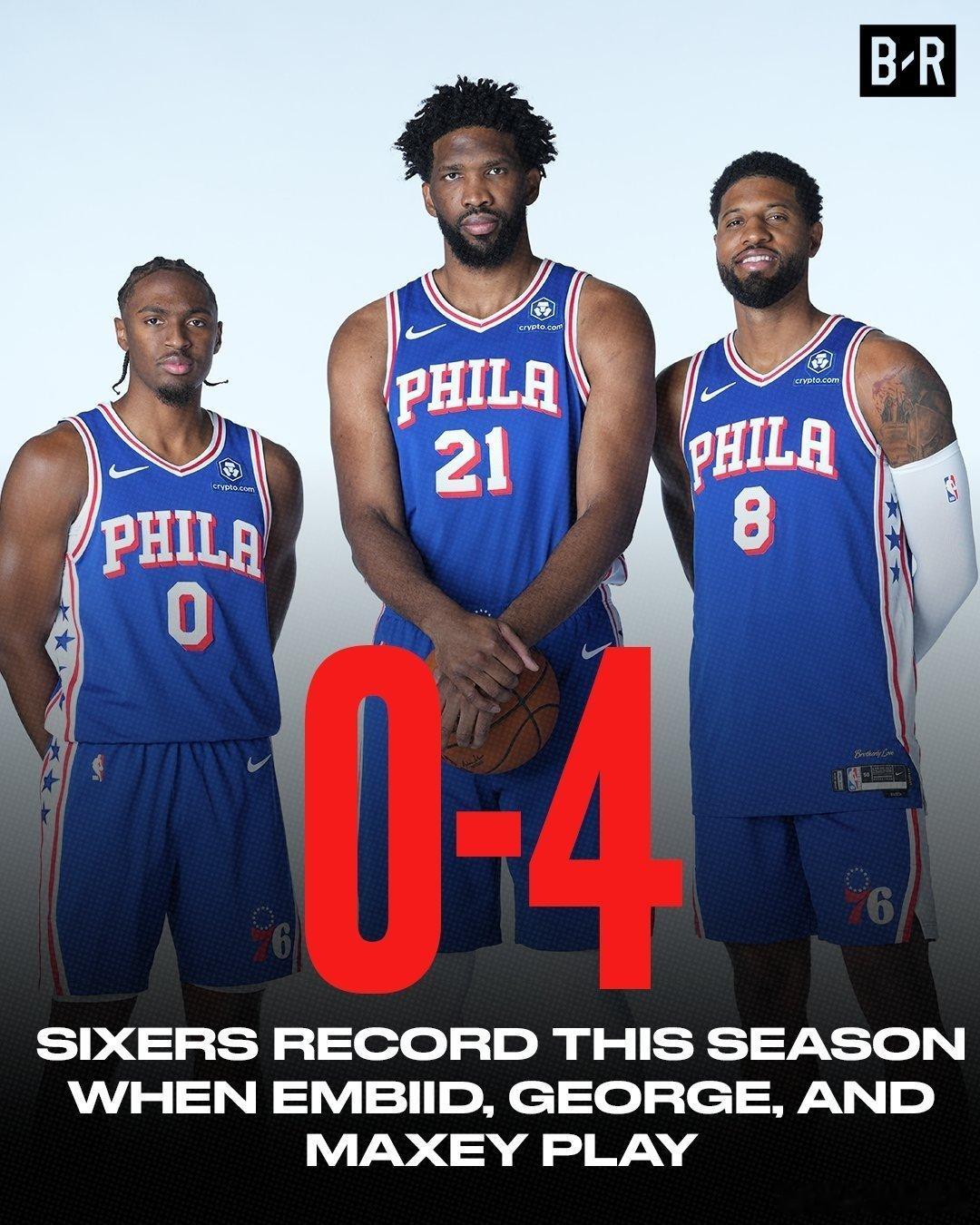 76人队本赛季三巨头联袂出战至今未尝胜绩！恩比德、保罗乔治和马克西三人同时上场的