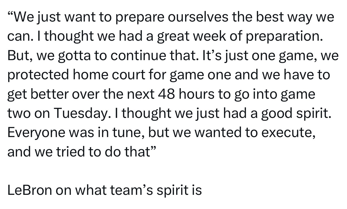 詹姆斯谈到球队的精神状态：“我们只想尽最大努力做好准备。我觉得我们这一周的备战非