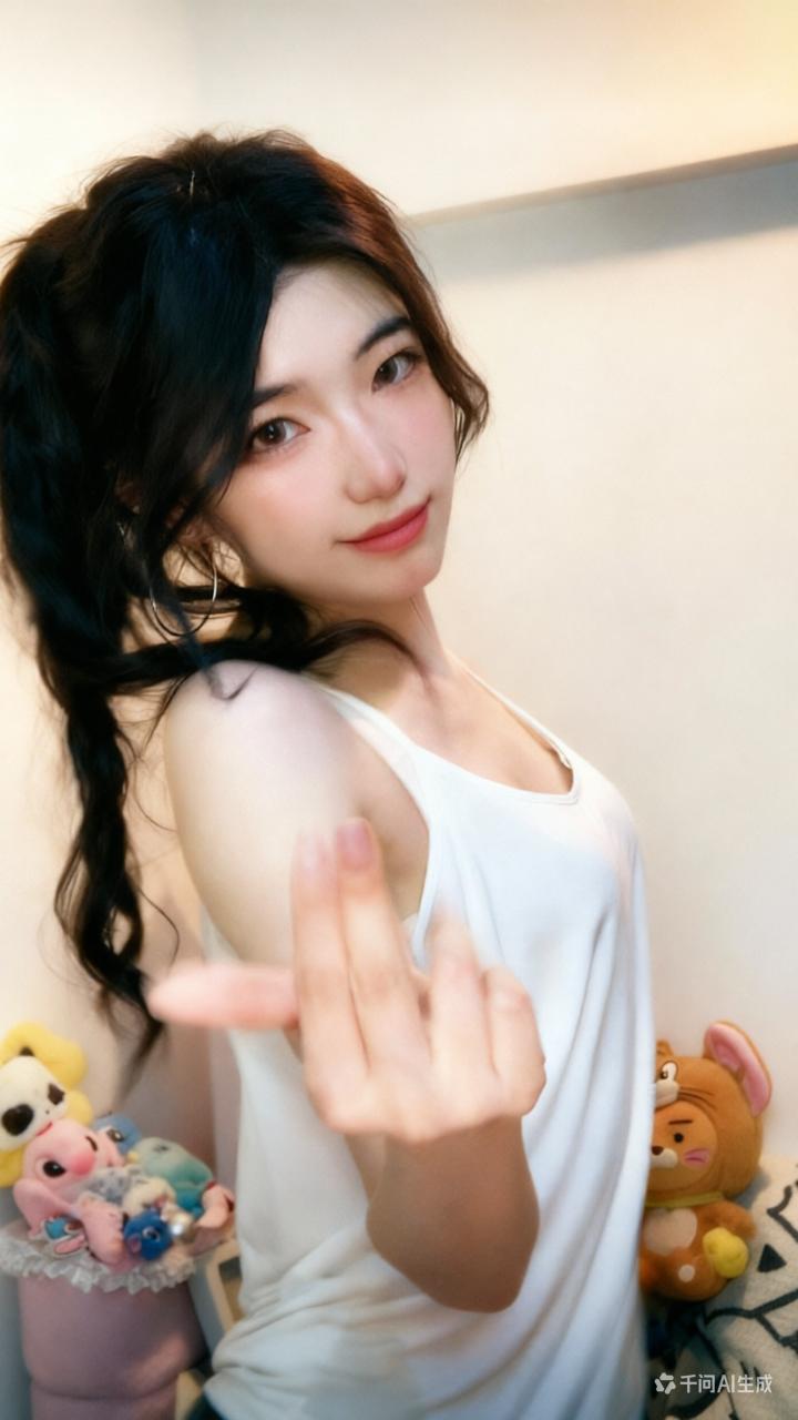 这位小姐姐在比出可爱的手势呢。