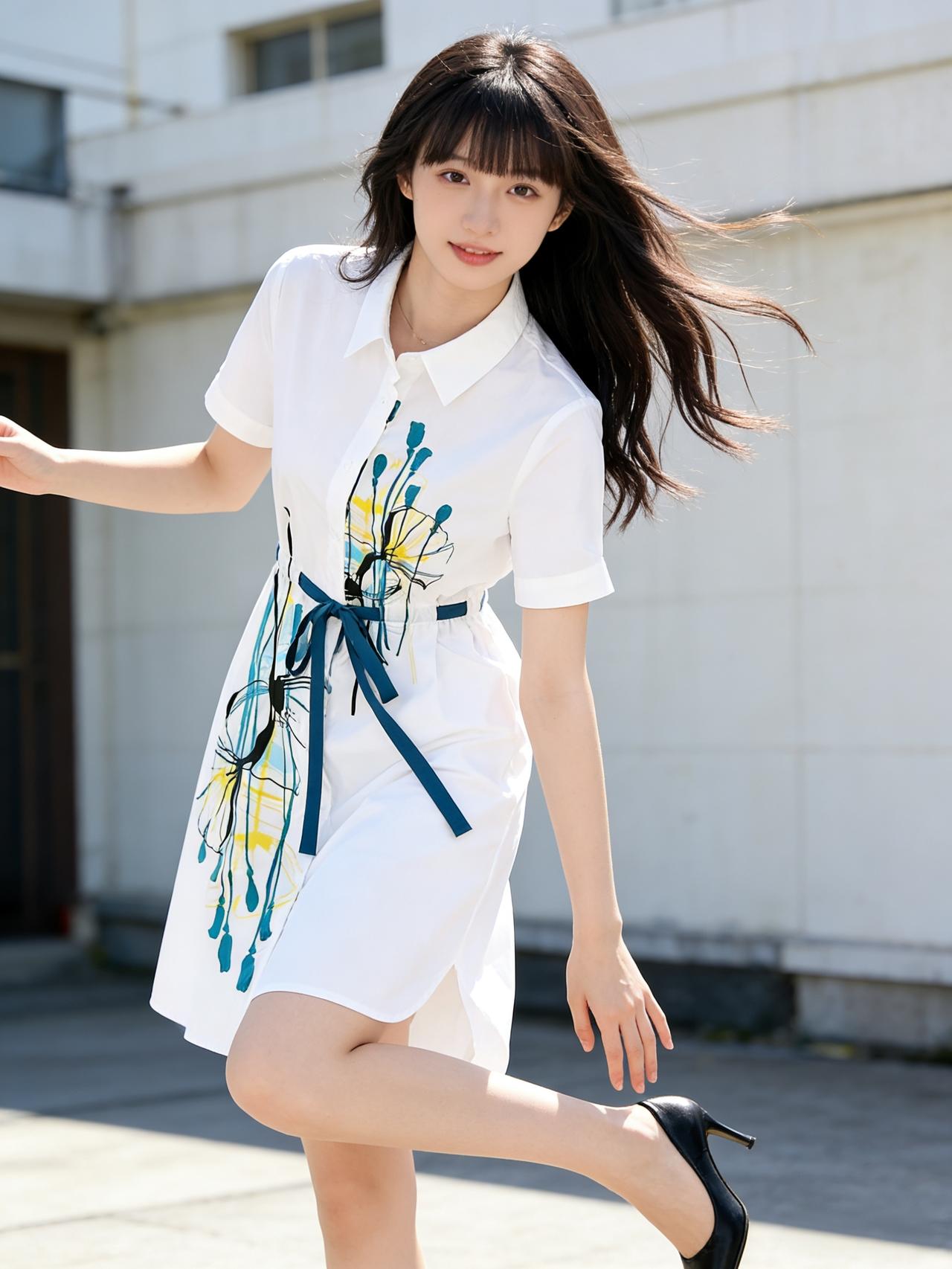 一袭白色连衣裙，如云朵般轻盈，棉麻的质感自带呼吸感，设计露出纤细脖颈，腰间的系带