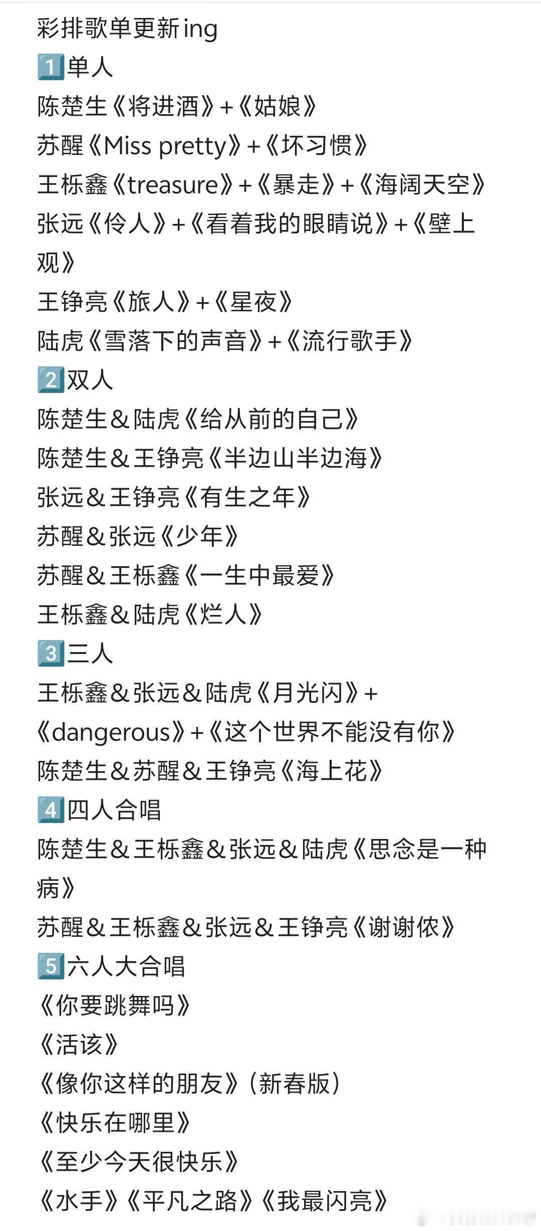 再就业男团《至少今天很快乐》团演彩排歌单彩排歌单更新ing1️⃣单人陈楚生《将进