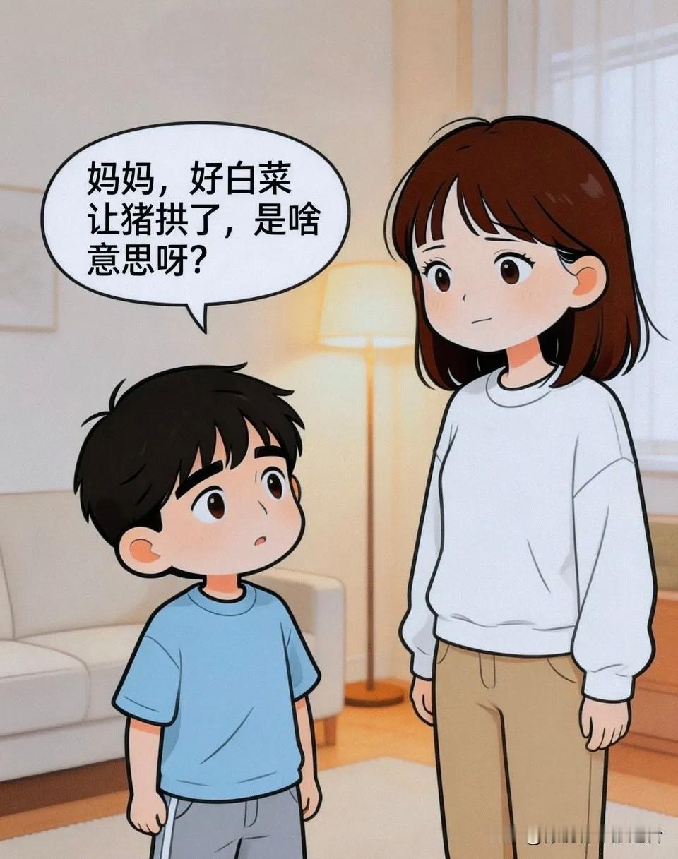 趣味漫画:儿子:妈妈，好白菜让猪拱了，是啥意思呀？妈妈:就是形容两个人的长相不般