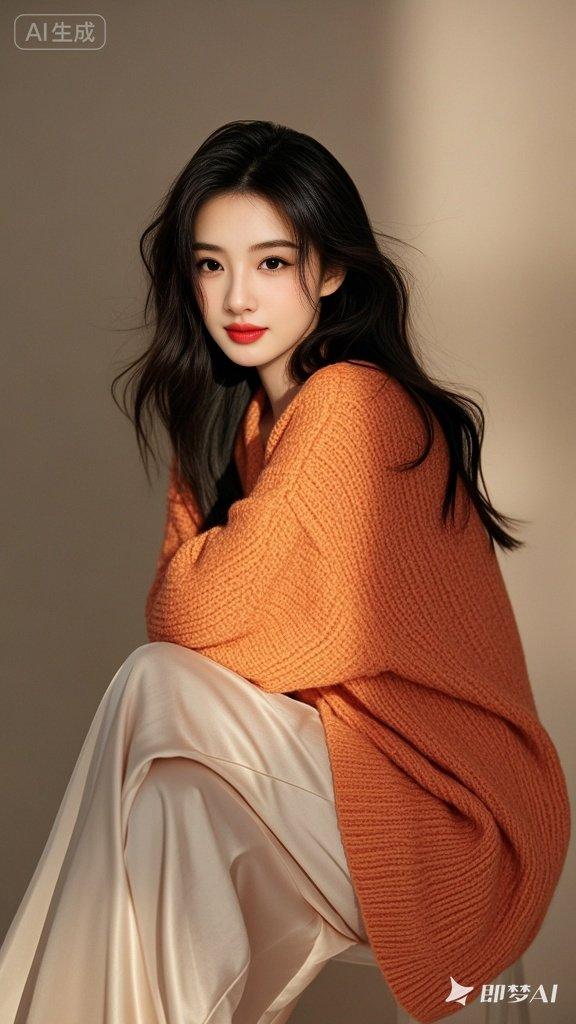 慵懒风佳人，橘色宽松针织衫，飘逸阔腿裤，随性不羁魅力，丝般披肩长发，樱桃小嘴，俏