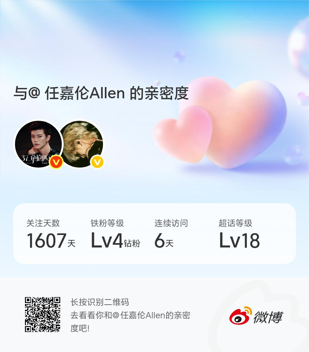 快来看看我与的亲密度！网页链接微博亲密度与任嘉伦Allen的亲密度