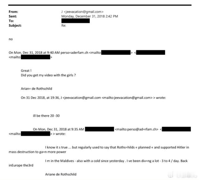 法国银行家阿丽安·德·罗斯柴尔德于2018年12月在一封电子邮件中告诉爱泼斯坦，