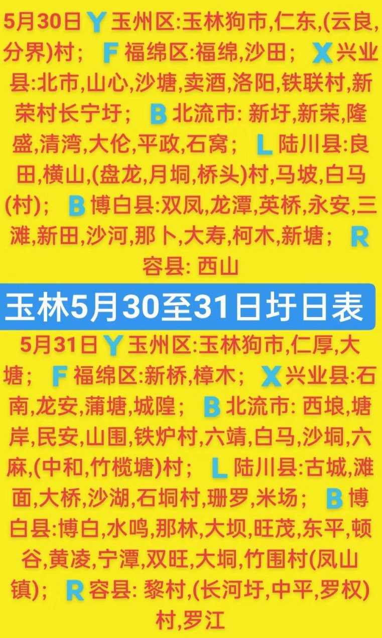 5.30-31  玉林乡镇赶集时间表玉林圩日                  