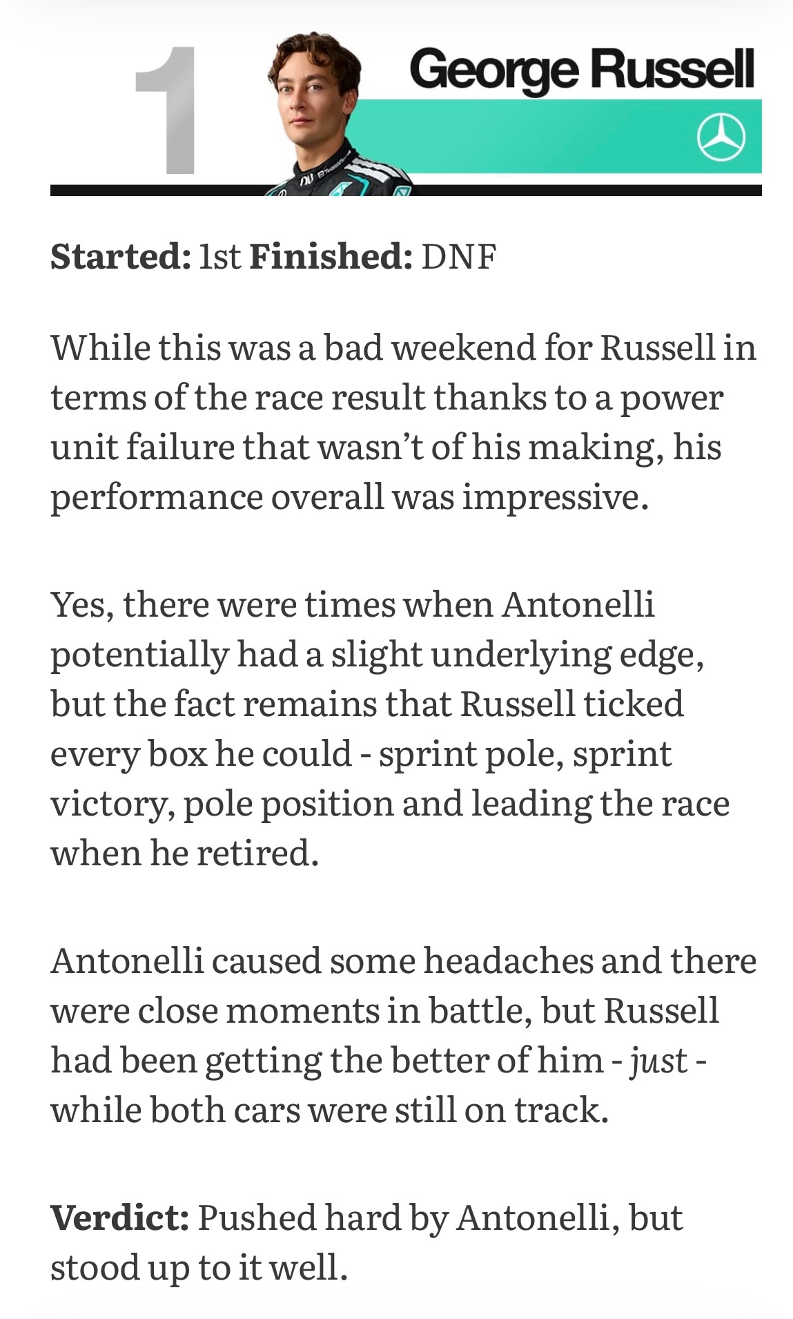 The Race 加拿大大奖赛车手评分 - 第一名 George Russell