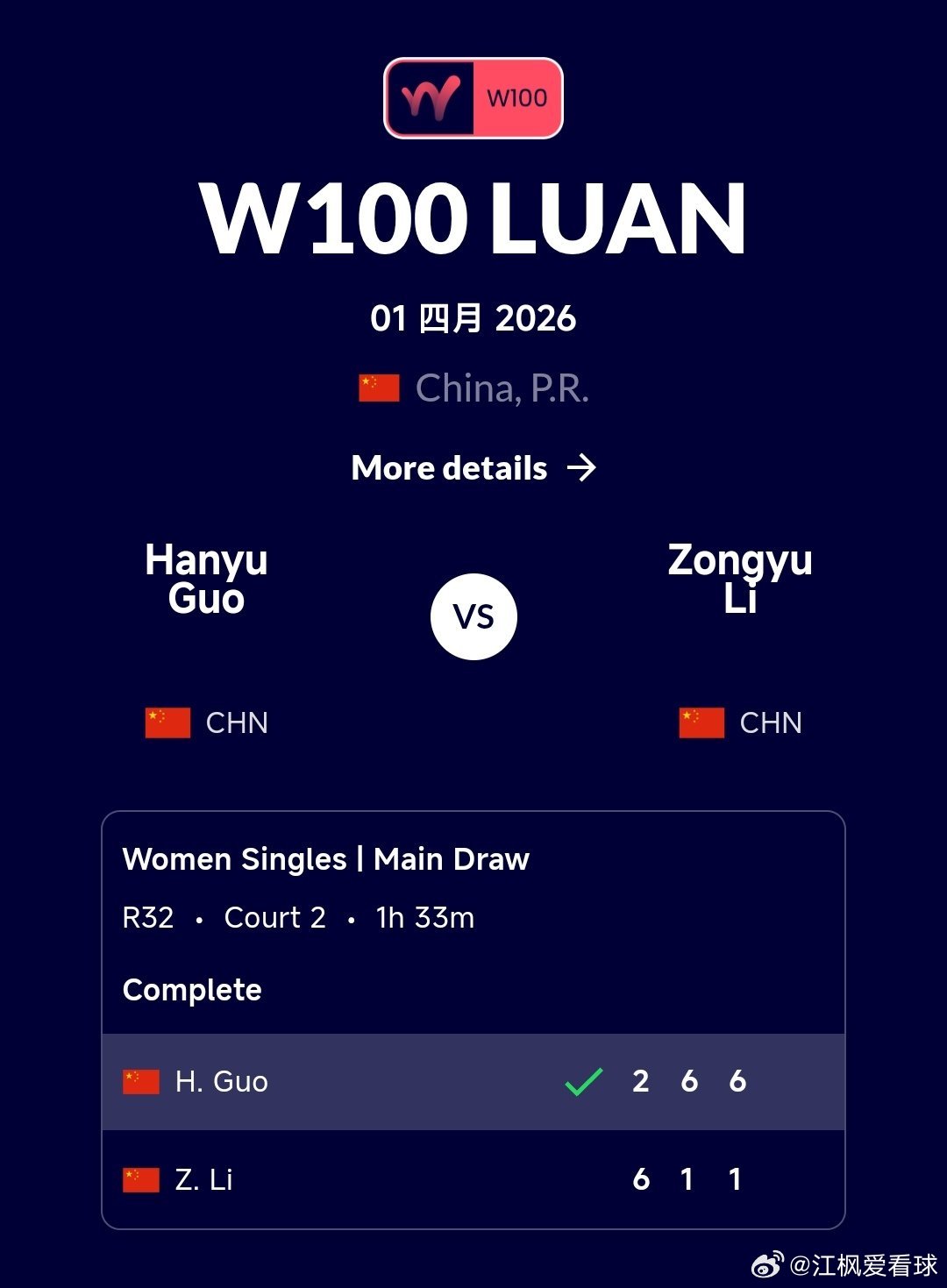 W100六安站🇨🇳女单第1轮郭涵煜🇨🇳2-6/6-1/6-1战胜李宗钰?