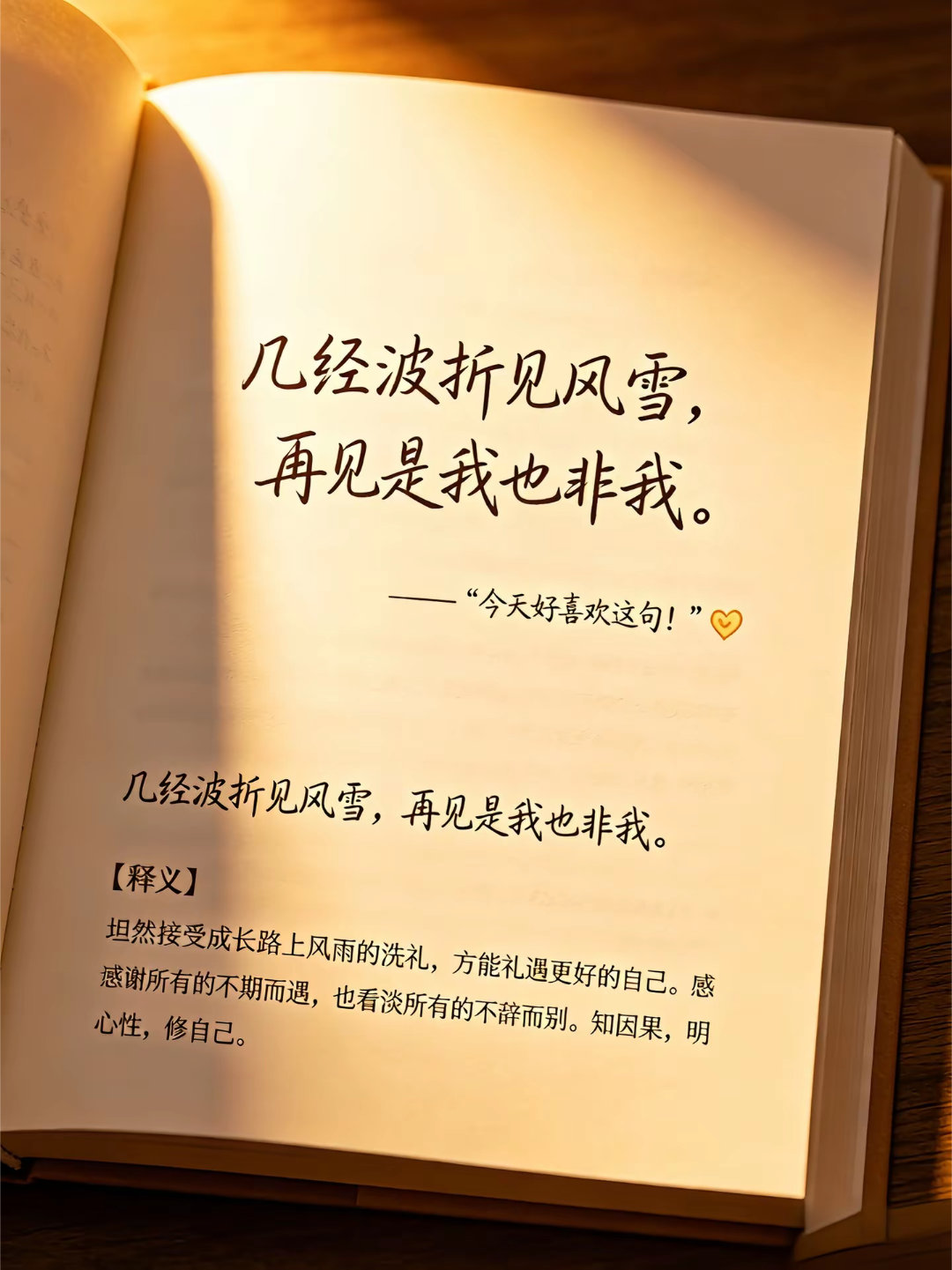 几经波折见风雪，再见是我也非我半生浮沉悟因果，心归清净自安然。——《环球书屋》 