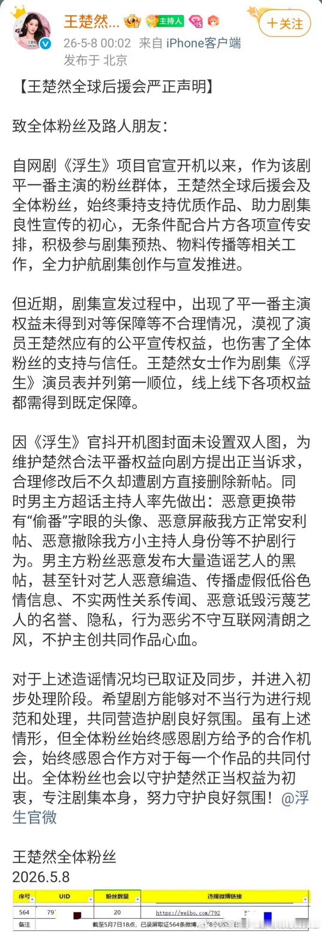 因为浮生这部剧～陈哲远和王楚然全球后援会都发声明了！ 感觉主要还是围绕浮生 官宣