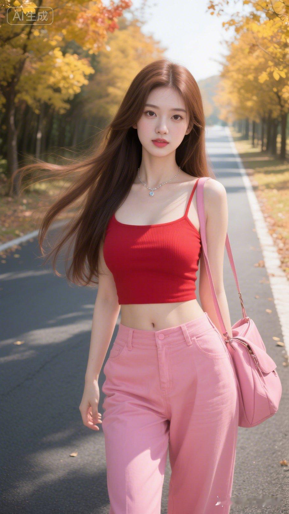 秋日漫步，红衣少女与落叶共舞