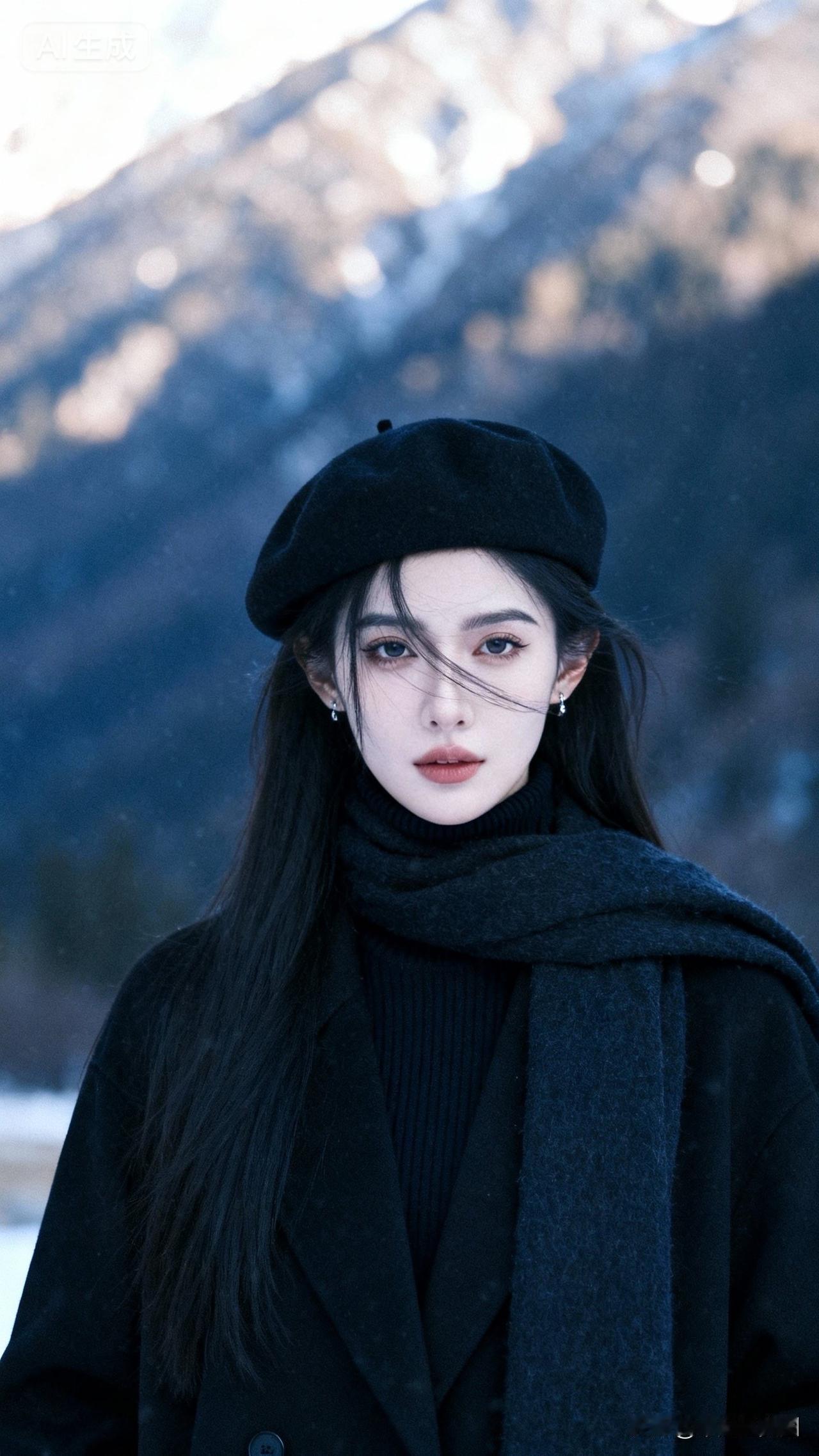 冬日暖阳下的黑衣少女，散发着优雅的魅力。