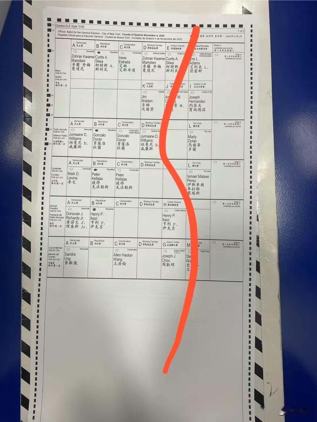 这是一张纽约市皇后区2025年11月4日普选的选票样本，其中包含多种语言（英语、