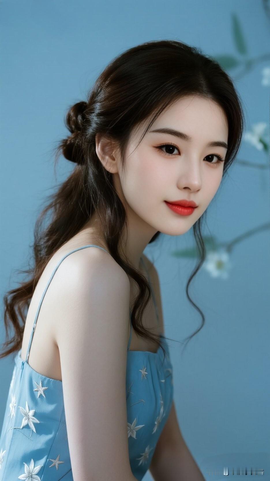 温柔蓝调，甜美少女，花海中的梦幻时光，碧空如洗，美人如画。温柔甜美少女