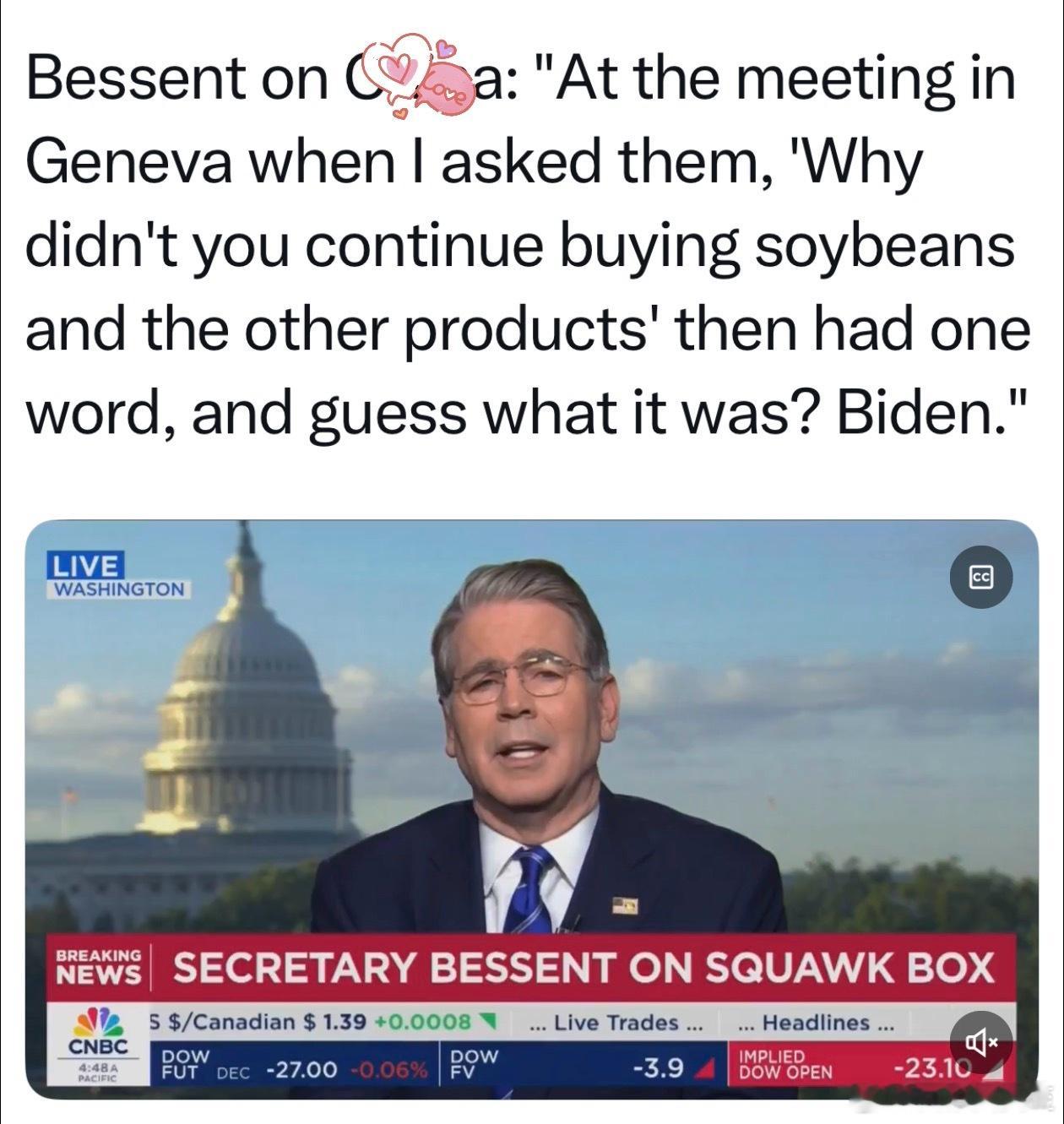美国财长：在日内瓦开会时，我问他们，怎么不买大豆了？答案只有一个字，Biden（