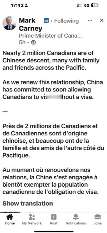 加拿大总理还没离开北京就官宣喜讯！他在LinkedIn上发文，称中国已“承诺将很