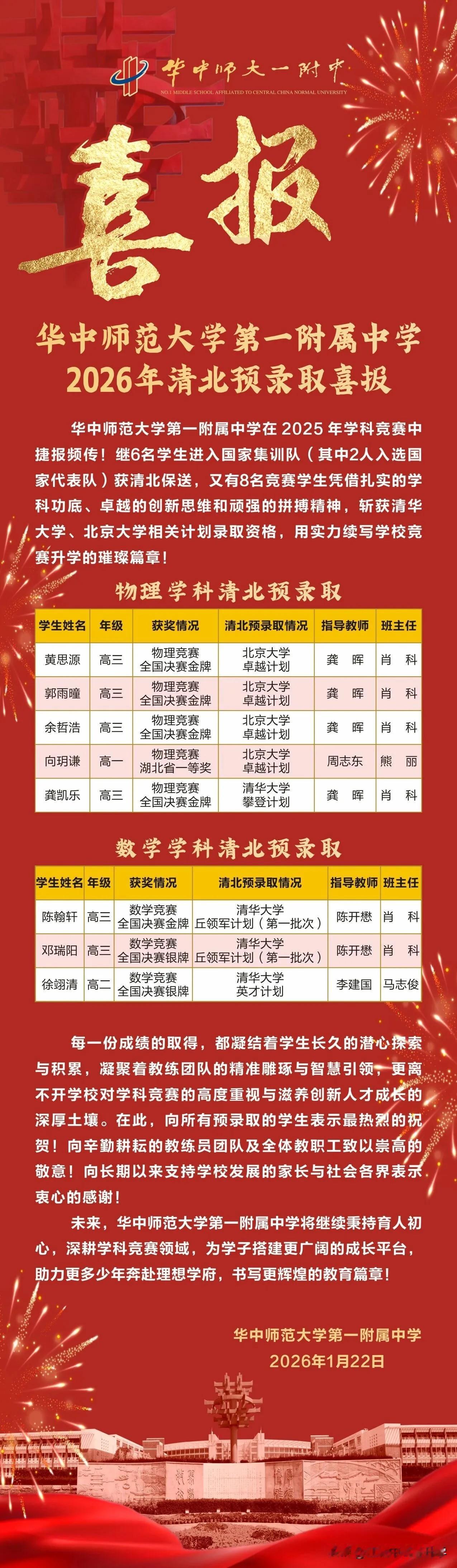 华中师大一附中发布喜报，数学、物理竞赛结硕果，共有8人被清北预录取！

其中物理