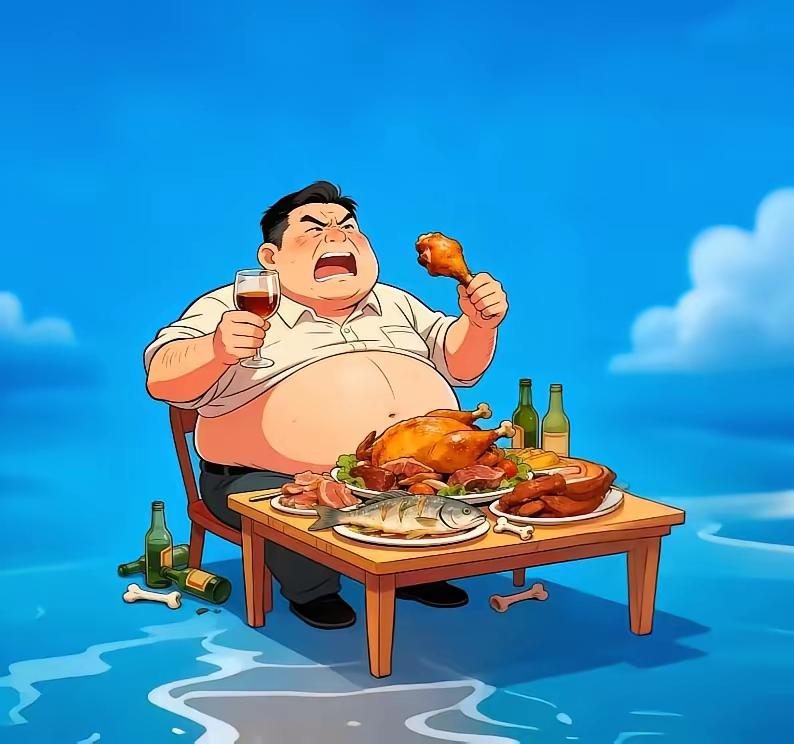 老哥吃喝没个够，
大鱼大肉不离口，
如今肚子胀成球，
秀色可餐有罪受。