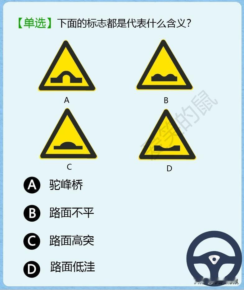 科目一，如图！大家来看看这个科目一的图！
下面那些标志都是什么意思呢？
我猜啊不