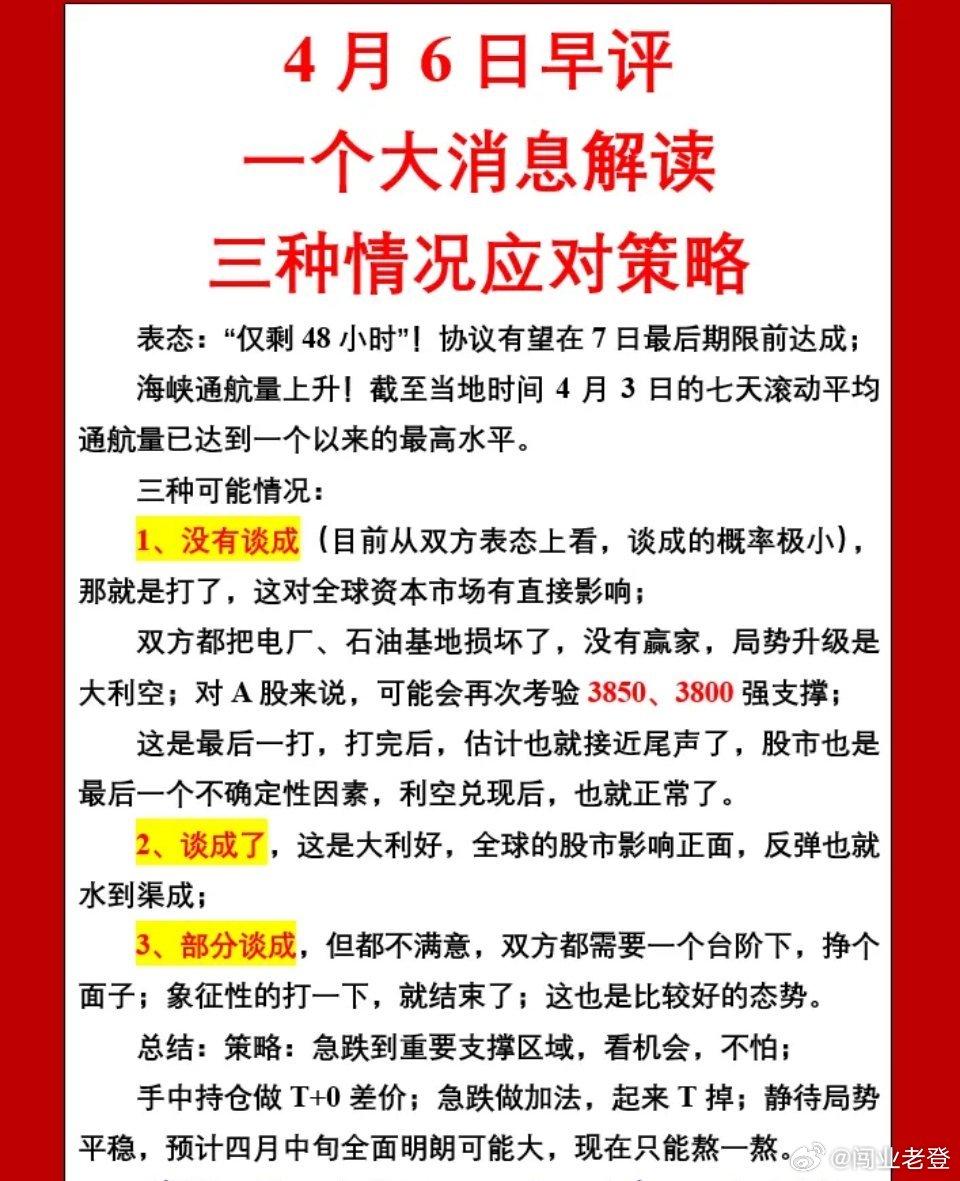 4月6日早评：重磅消息解读·三种情景应对策略关键表态：仅剩48小时，相关协议有望