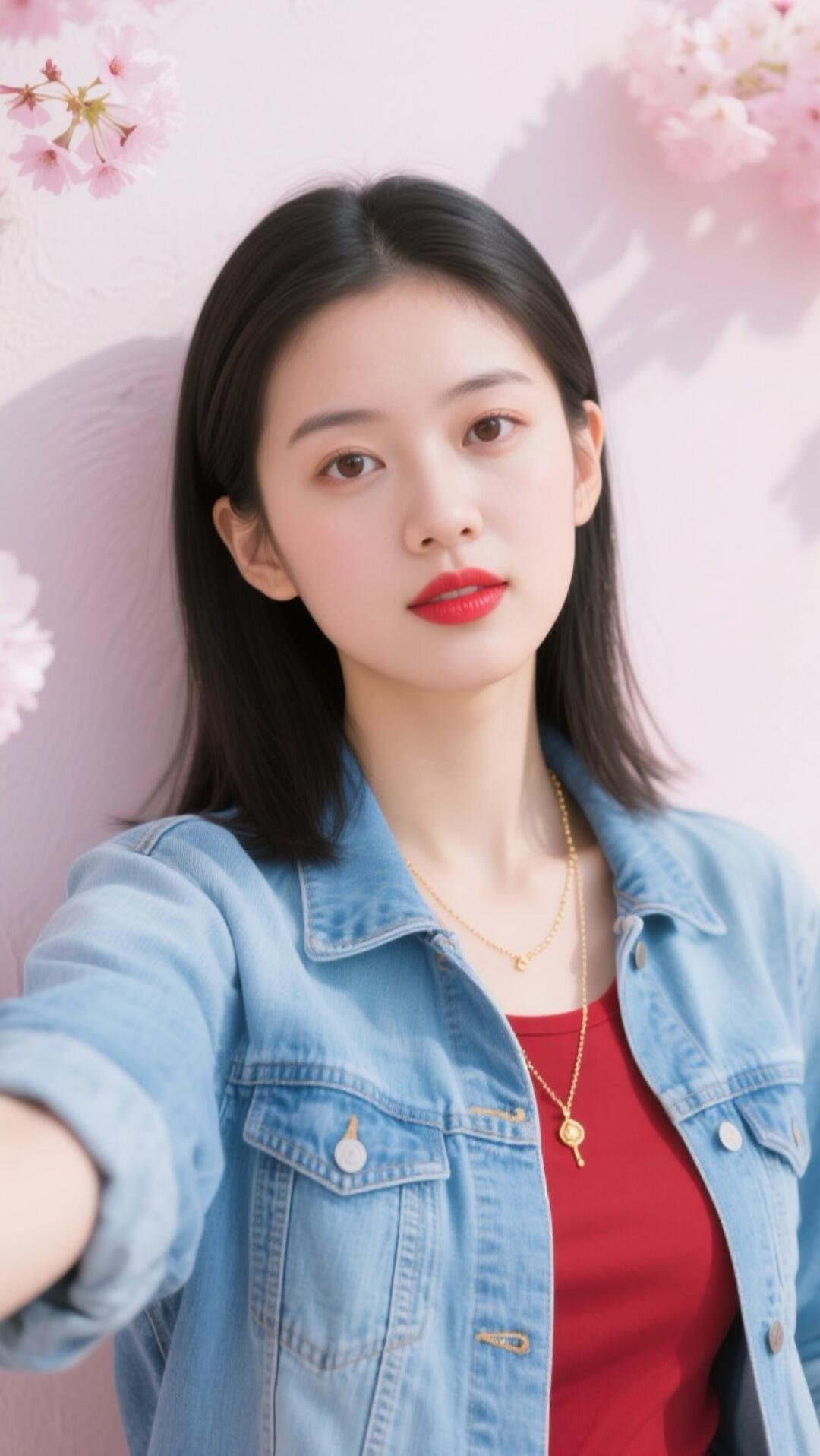 春日少女风，粉色樱花背景，甜美自拍